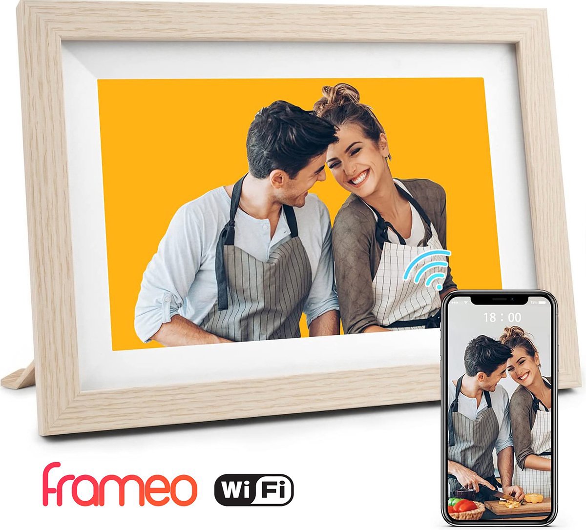 Pora&Co - Digitale fotolijst met WiFi en Frameo App – Fotokader - 10 inch – HD -IPS Display – Licht Bruin - Micro SD - Touchscreen
