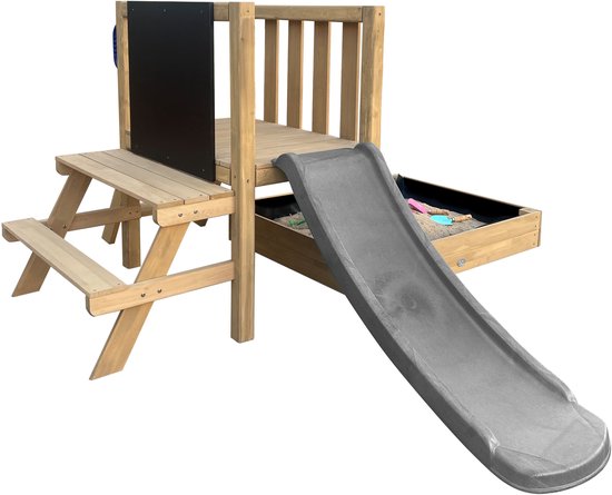 AXI Leah Mini Speeltoren met Zandbak en Picknicktafel – Grijze Glijbaan – Met Krijtbord – FSC hout – Klein speeltoestel voor de tuin / buiten