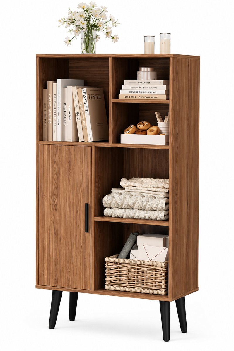 CINK Living® Boekenkast Walnoot met Deur - Scandinavische Opbergkast met Open Vakken - Moderne Kast voor Woonkamer, Slaapkamer en Kantoor - 104 cm