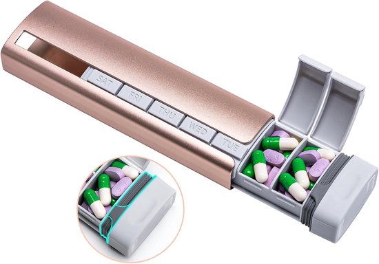 Piluliers – Boîte à médicaments pour 7 jours – Pilulier de voyage en métal – Aluminium premium – Pilulier hebdomadaire – Porte-pilules élégant et mignon – Convient pour les médicaments, les compléments et les vitamines – Rose, gris