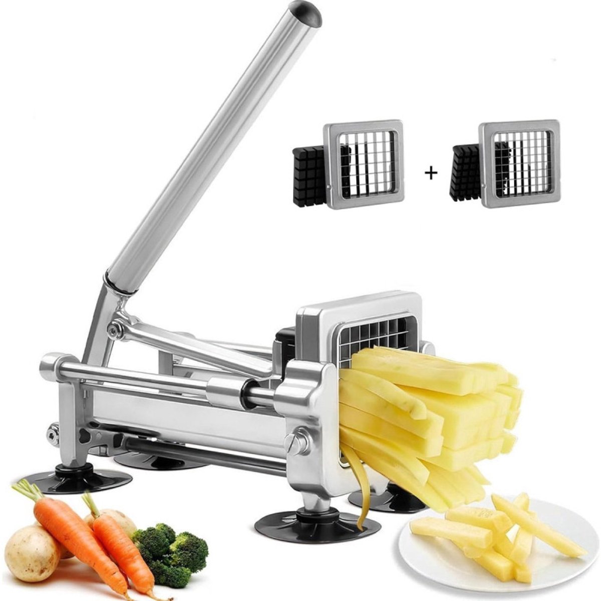 Frietsnijder en Groentesnijder - Handmatig - 2 RVS Messen (9.5mm & 12.7mm) - Met Zuignap - Aardappelsnijder voor Thuis en Horeca