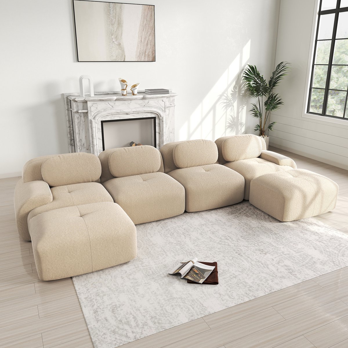 Zubaliya Moderne Hoekbank, U-Bank, 4-Zitsbank, Moderne 388 cm Brede, Converteerbare Hoekbank met Voetenbank, U-vormige Modulaire Corduroy Bank, Compacte Bank voor 4-6 Personen voor de Woonkamer, Extra Diepe Zitting, Geen Montage Nodig-Beige