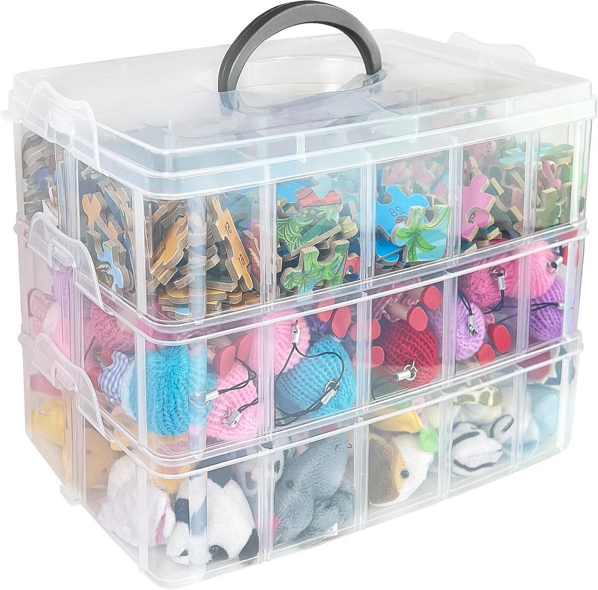 Daity Opbergdoos - Stapelbare kralenopbergdoos met drie lagen - Kunststof opbergdoos met 30 vakken - Geschikt voor washi tape, LEGO-blokjes, verzamelstenen en naaigaren - Draagbare opbergdoos voor knutselspullen met handvat