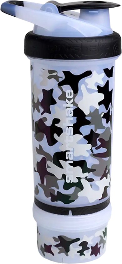 Smartshake Revive shaker met camouflageprint in lichte tinten lichtblauw, grijs, zwart en wit. Met zwarte deksel en lichtblauw handvat.