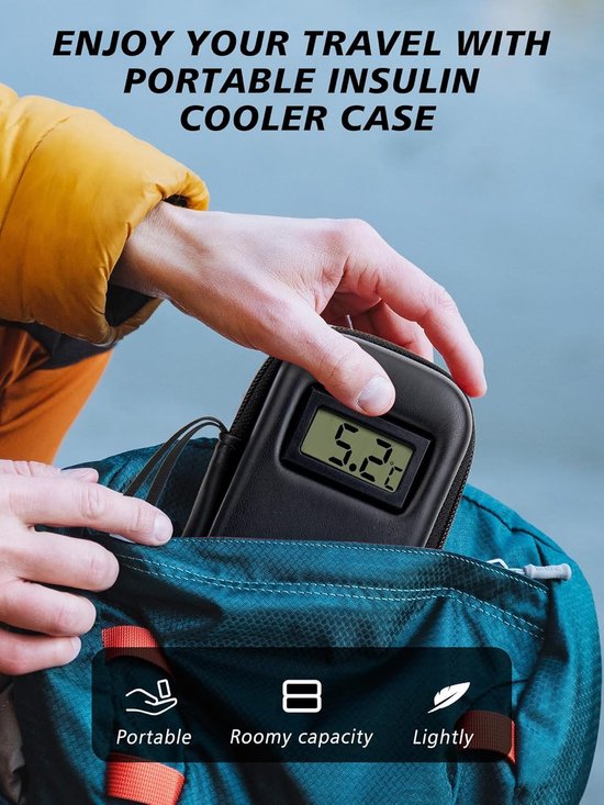 Insuline Koeltas - Diabetes Koeltas met 2 Ijspacks - Om Medicijnen Koud Te Houden - met Thermometer en Temperatuurweergave (Celsius) - Draagbare Koeltas - voor Dagelijks Gebruik en Reizen - Isolerende Insuline Etui voor op Reis - Zwart — afbeelding 4