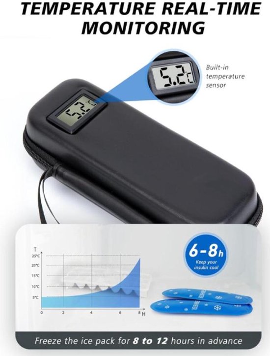 Insuline Koeltas - Diabetes Koeltas met 2 Ijspacks - Om Medicijnen Koud Te Houden - met Thermometer en Temperatuurweergave (Celsius) - Draagbare Koeltas - voor Dagelijks Gebruik en Reizen - Isolerende Insuline Etui voor op Reis - Zwart — afbeelding 5