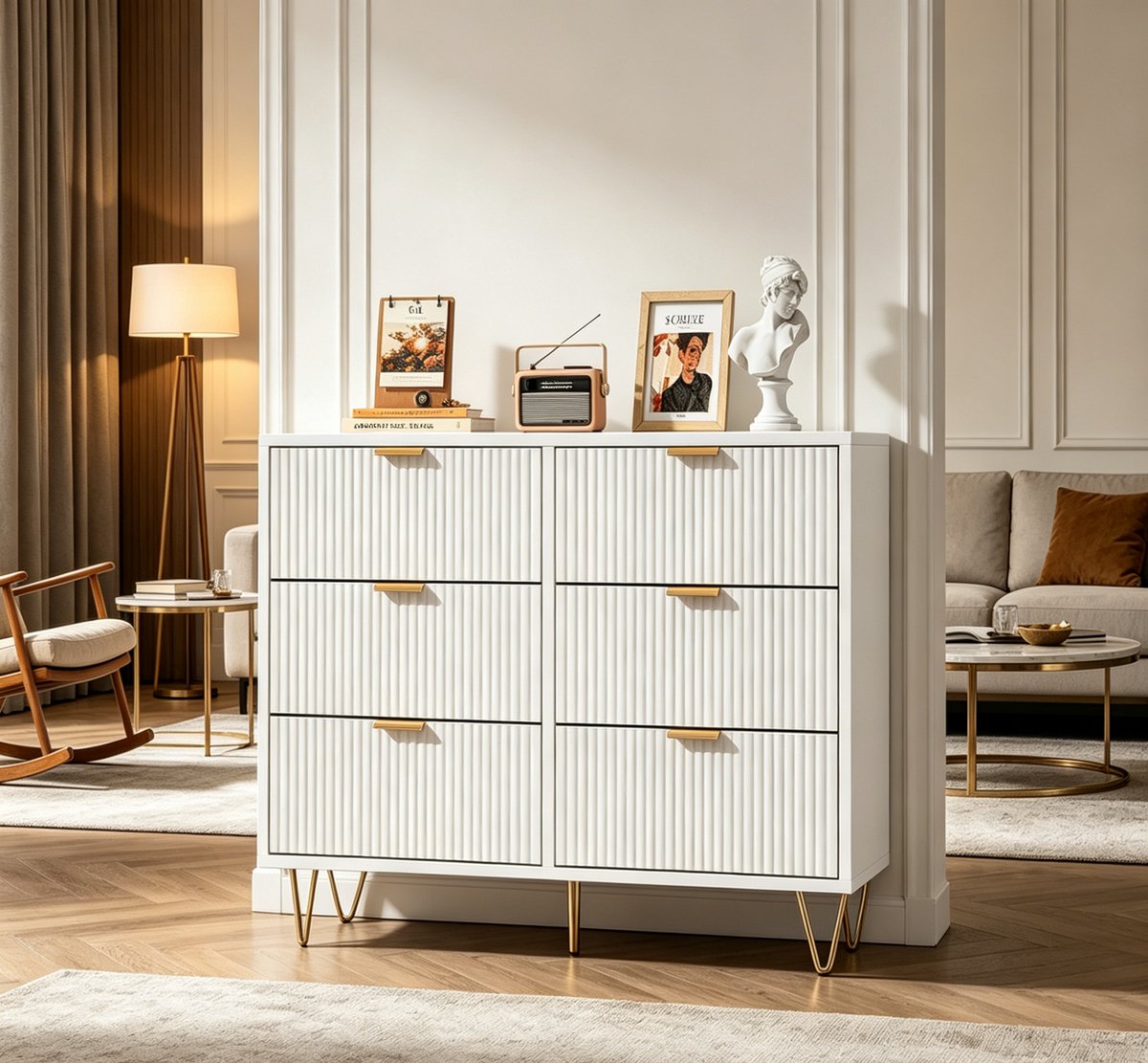 Commode, kledingkast met 6 lades, opbergmeubel voor kinder-/volwassenkamers, 100 x 34 x 72 cm, dressoir voor woonkamer, slaapkamer, kinderkamer, wit