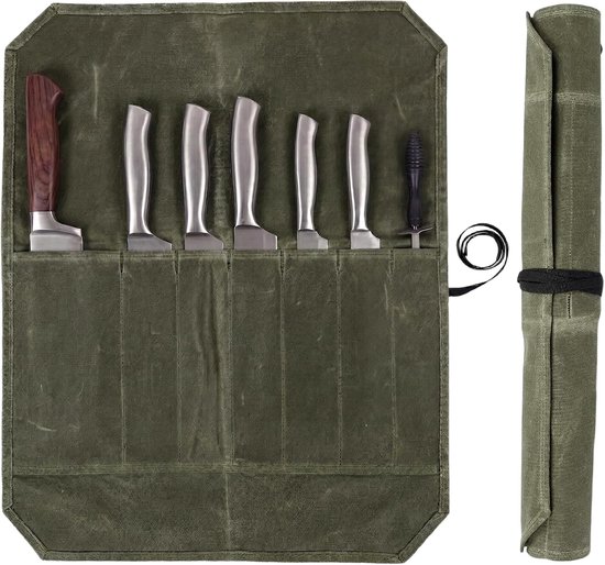 Pochette à couteaux - Sac à couteaux - Étui à rouler - Sac de rangement - Sac de rangement pour set de couteaux - Set de cuisine - Sac à rouler pour couteaux de chef - Sac à couteaux portable - Pliable - Portable - 56x45cm - Vert militaire