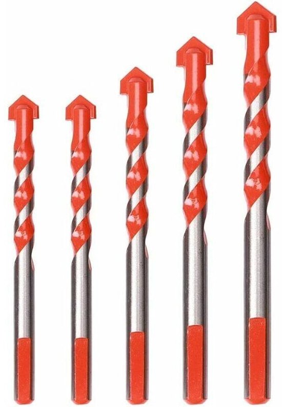 Vijf rode en zilveren boren met spiraalvormige groeven, waaronder maten van 6mm tot 12mm.