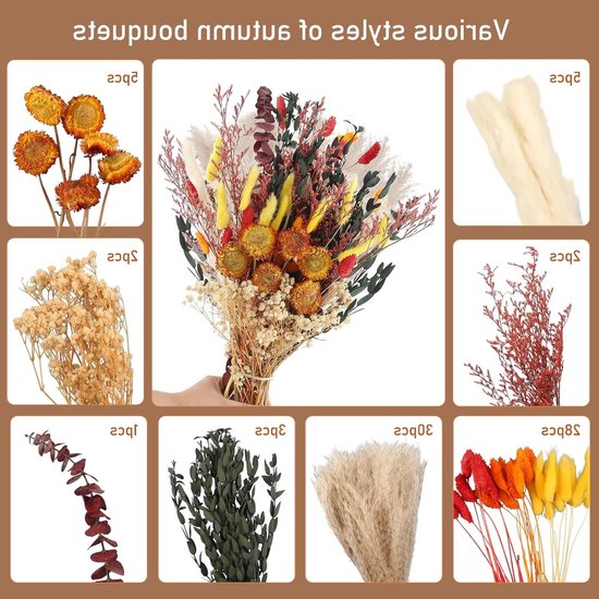 Overzicht met de tekst 'Various styles of autumn bouquets' en negen verschillende soorten droogbloemen.