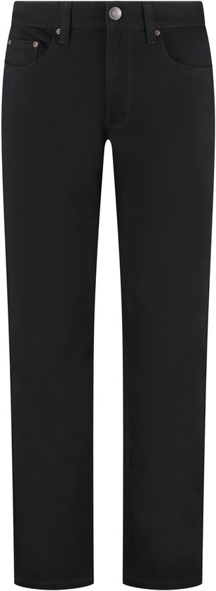 Zwarte regular fit chino broek van twill stretch stof met een knoopsluiting en vijf zakken.
