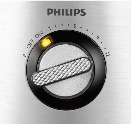 De draaiknop van een Philips keukenmachine met de instellingen P, OFF, ON en 1-12. De knop staat op ON.