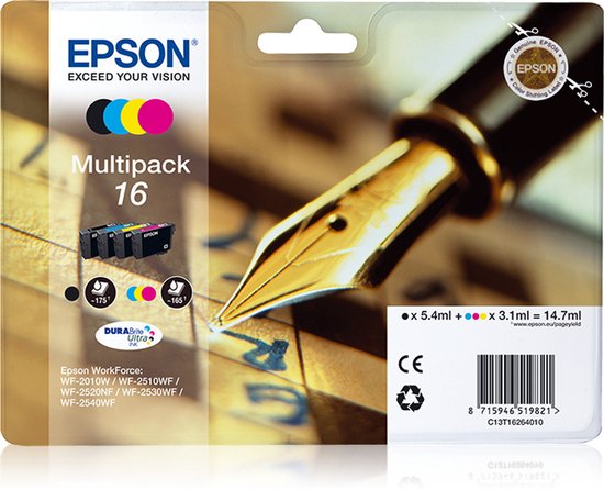Epson 16 Multipack inktcartridges met een gouden vulpen. De kleuren zwart, cyaan, geel en magenta zijn zichtbaar.