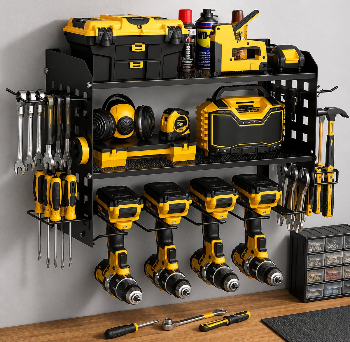 Gereedschapswandhouder met 3 Niveaus – Wandhouder voor 4 Elektrische Gereedschappen Zwart 42,5x20x31cm