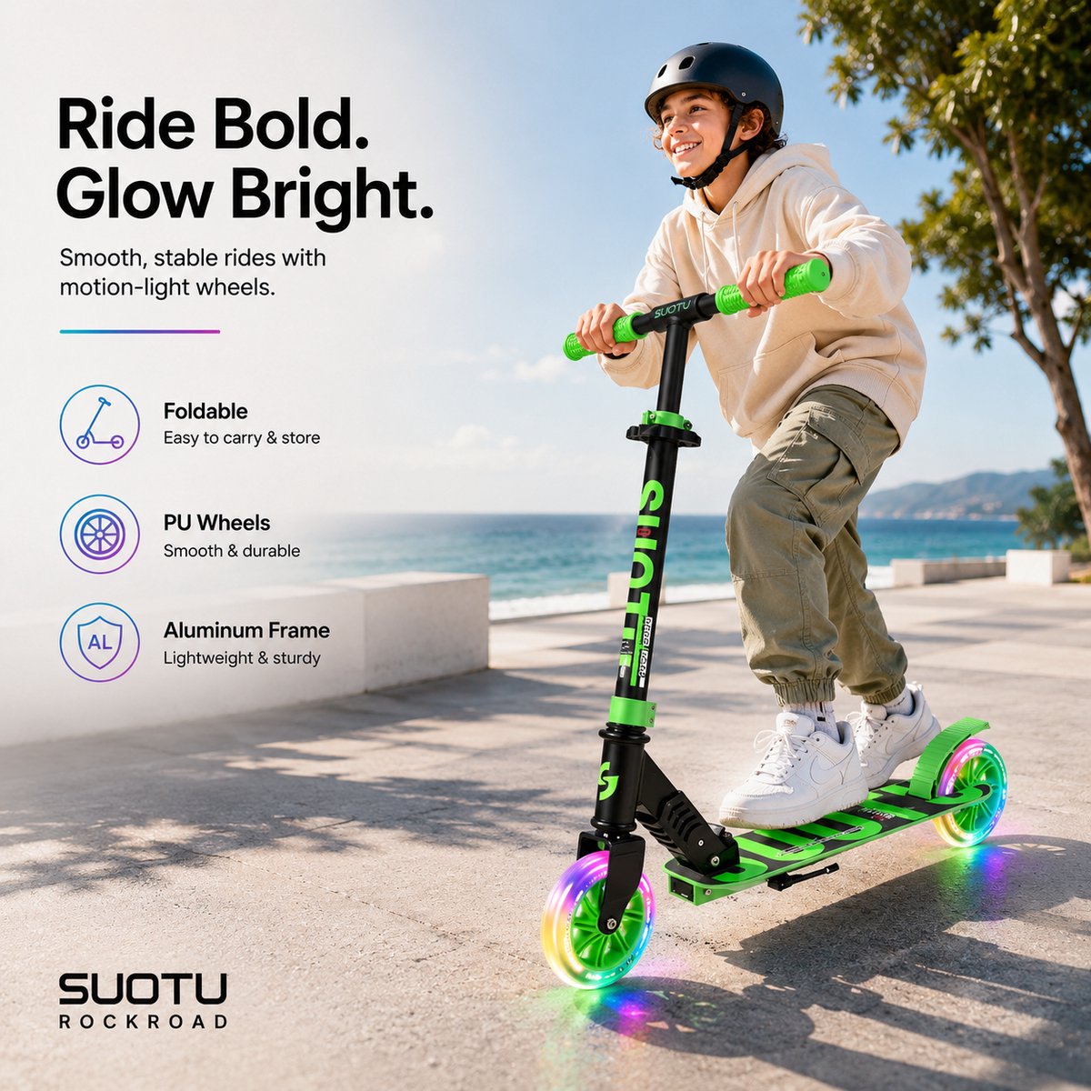Suotu Kinderstep - 145mm Lichtgevende Wielen - Step - Speelgoed Jongens/Meisjes - Max stuurhoogte: 85 cm - Aluminium - Zwartgroen — afbeelding 6