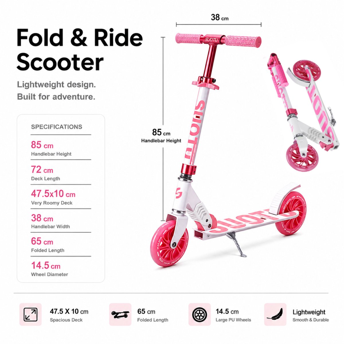Suotu Kinderstep - 145mm Lichtgevende Wielen - Step - Speelgoed Jongens/Meisjes - Max stuurhoogte: 85 cm - Aluminium - Roze/Wit — afbeelding 9
