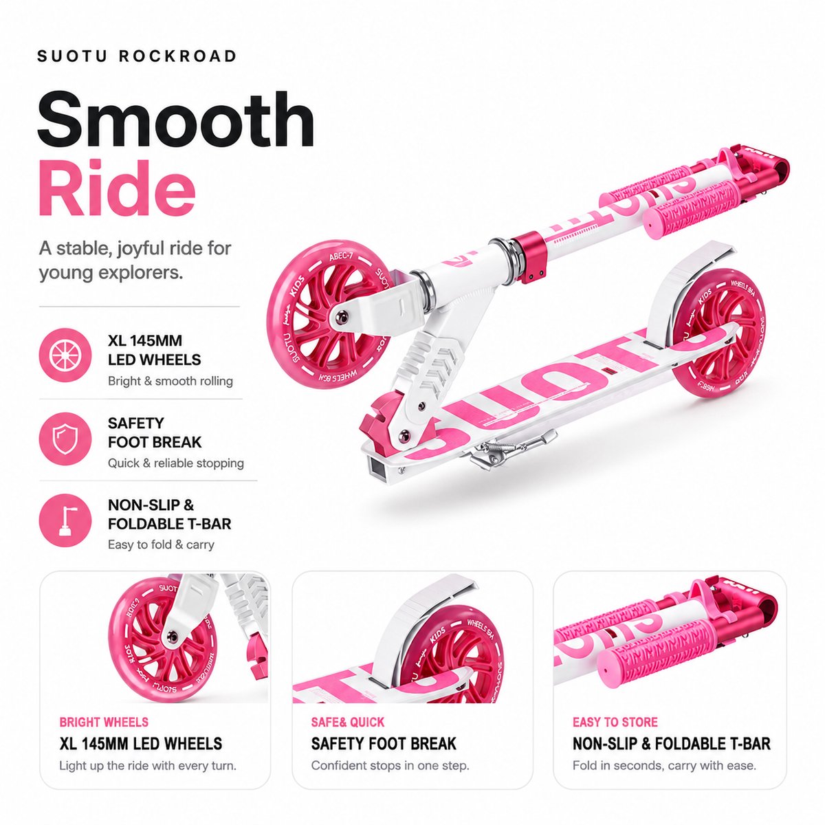 Suotu Kinderstep - 145mm Lichtgevende Wielen - Step - Speelgoed Jongens/Meisjes - Max stuurhoogte: 85 cm - Aluminium - Roze/Wit — afbeelding 3