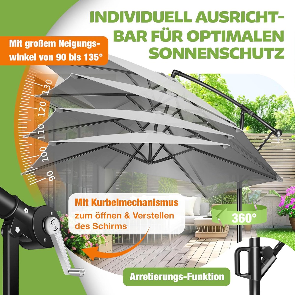 Zweefparasol Aluminium - Terrasparasol Tuinparasol - Zomerse Beschutting - Verstelbare Kantelhoek - 350cm Diameter - Lichtgrijs – foto 2