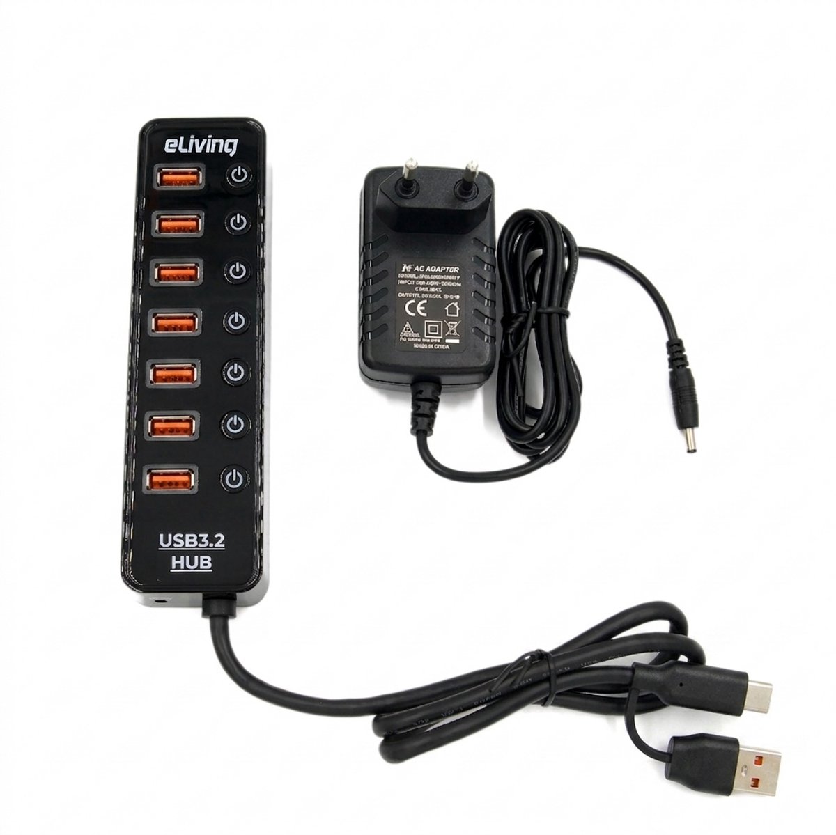 eLiving 7-Poorts USB 3.2 HUB – Met USB-A & USB-C Combi-Aansluiting – Inclusief 5V Voedingsadapter