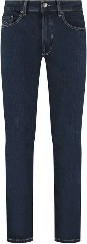 Donkerblauwe slim fit jeans met gele stiksels en een klein groen detail op de zak.