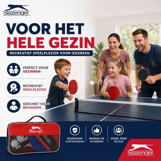 Een gezin speelt tafeltennis, geschikt voor het hele gezin en beginners. Inclusief een rode draagtas met batjes en ballen.