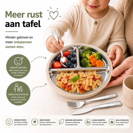 Nunu’s® RVS Kinderservies Set - Bord met 3 Vakken + Zuignappen, Lepel, Vork & Mes - Antislip & BPA-vrij - Hygiënisch Baby & Peuter Servies van Nunu’s® — afbeelding 5