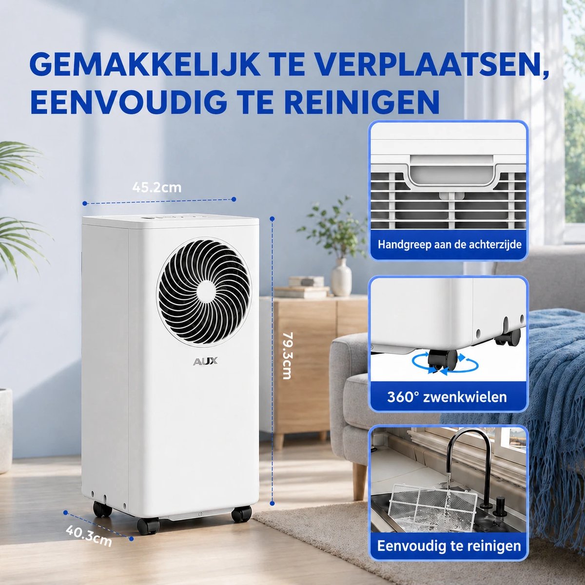 AUX 3-in-1 mobiele airconditioner 7000 BTU (Tot 30m2) , energieklasse A, wifi & afstandsbediening, 4 standen, zelfdemping, R290, inclusief raambeugel thumbnail 6