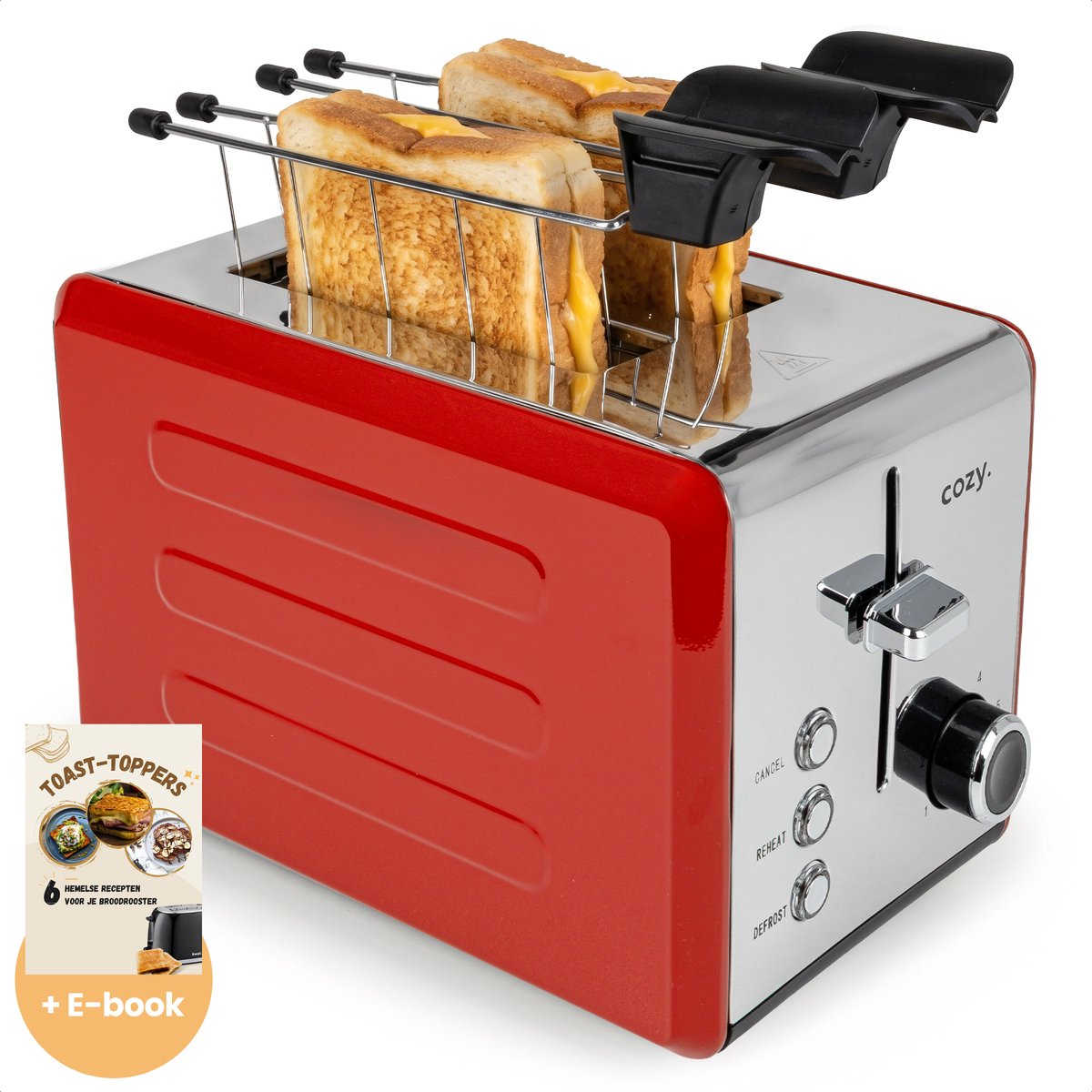 cozy.® Metalen Broodrooster met Tostiklemmen - Tosti Apparaat 850W - Retro Tosti Ijzer & Toaster - Brede Sleuven & 6 Standen - Ontdooi & Verwarm functie - Inclusief E-book - Broodrooster Rood