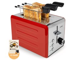 cozy.® Metalen Broodrooster met Tostiklemmen - Tosti Apparaat 850W - Retro Tosti Ijzer & Toaster - Brede Sleuven & 6 Standen - Ontdooi & Verwarm functie - Inclusief E-book - Broodrooster Rood
