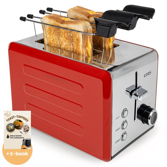 cozy.® Metalen Broodrooster met Tostiklemmen - Tosti Apparaat 850W - Retro Tosti Ijzer & Toaster - Brede Sleuven & 6 Standen - Ontdooi & Verwarm functie - Inclusief E-book - Broodrooster Rood