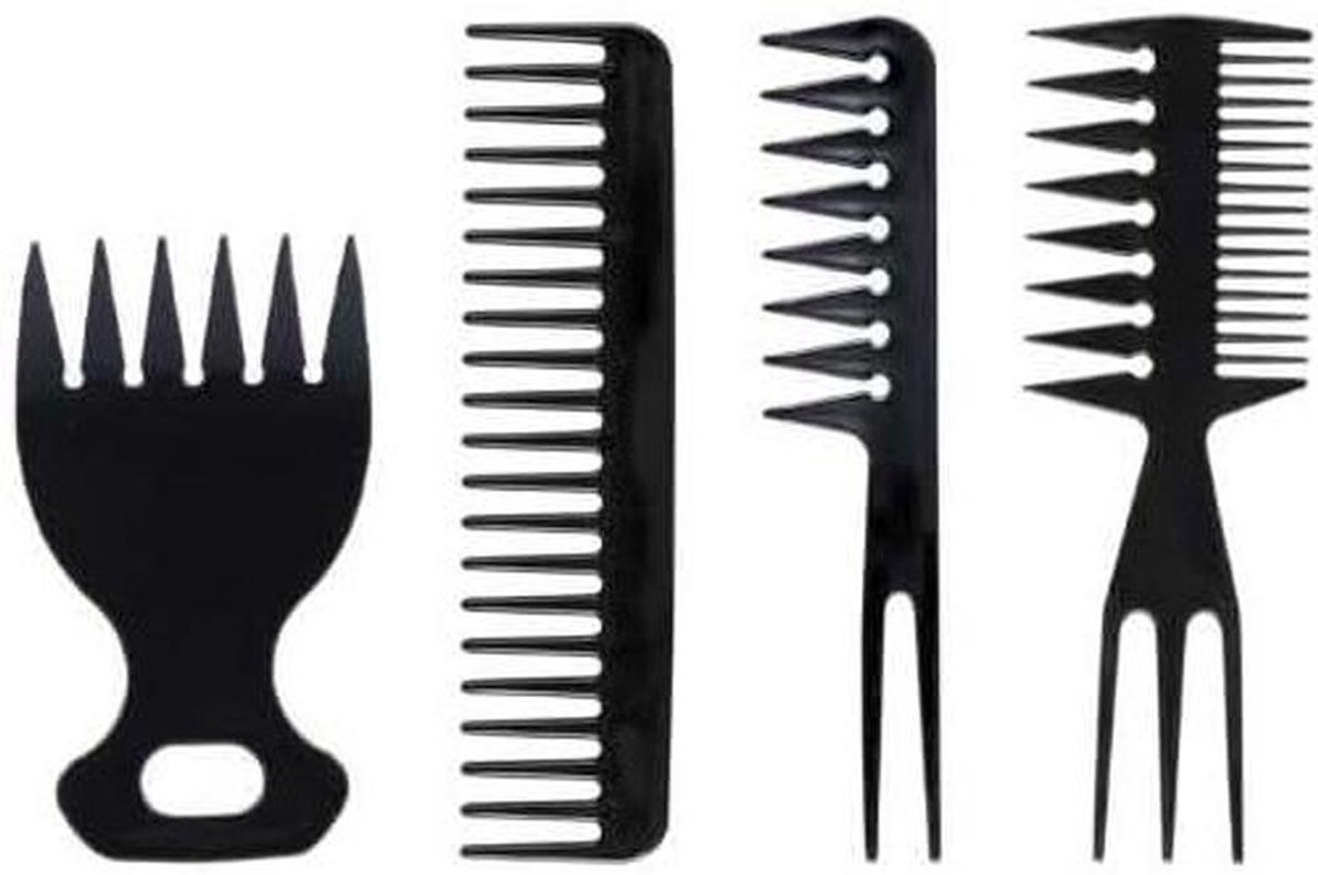 Kappers Kam Set - Haar Styling - Professioneel Knippen - Antistatisch Plastic - 4 Delig - Zwart