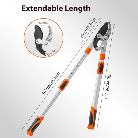 Verstelbare Snoeischaar - Takkenknipper - Tuinonderhoud - Uitschuifbaar Handvat - Tot 97 cm - Oranje Wit — afbeelding 4
