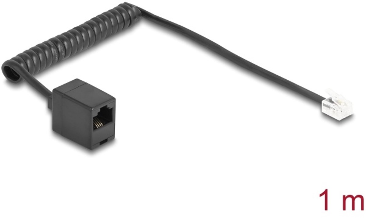 Delock Telephone Cable / Coiled Cable RJ11 plug to RJ45 jack black 1 m