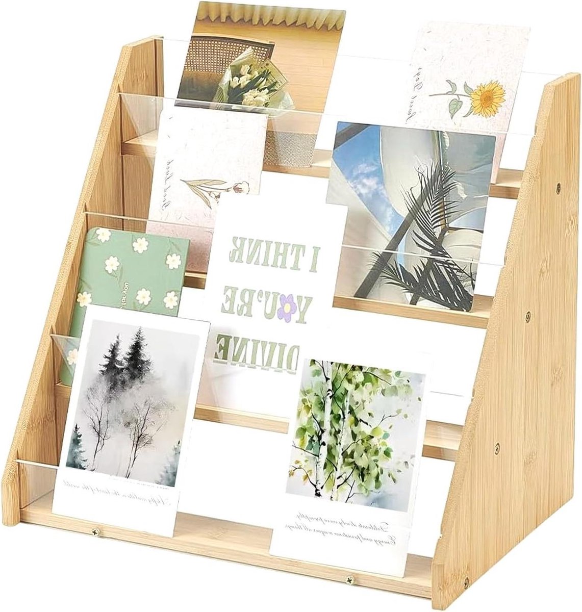 Ansichtkaartenstandaard - Presentatierek kaarten - Wenskaarten presenteren - Vier etages - 34 x 207 x 31 cm - Houtkleurig