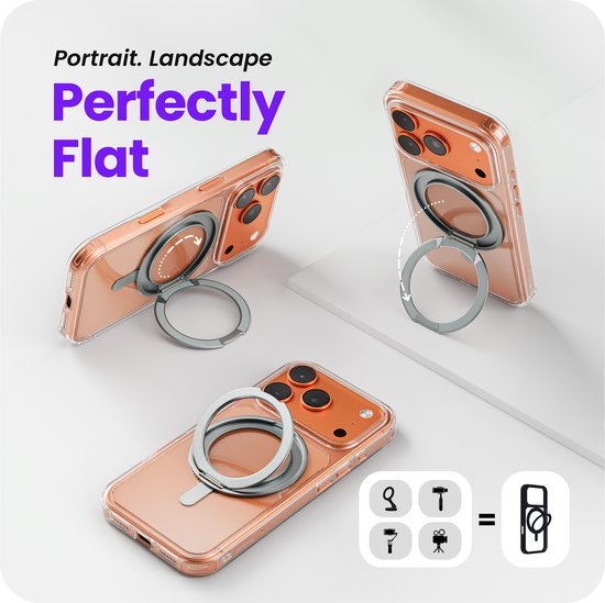 Démonstration du support annulaire à 360 degrés supportant les modes portrait et paysage sur une coque iPhone orange.