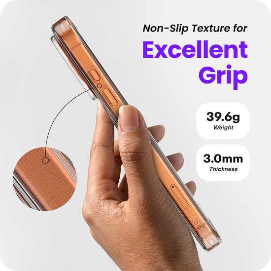 Main tenant une coque iPhone orange, montrant la texture antidérapante, le poids et l'épaisseur. 'Excellent Grip'.
