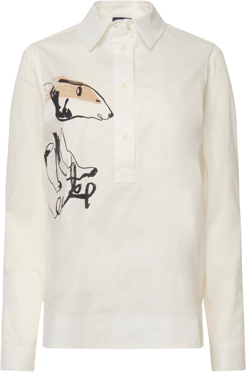 Laurasøn - Dames - Blouse materiaalmix ijsbeermotief kraag lange mouw - Sneeuwwit - Maat L