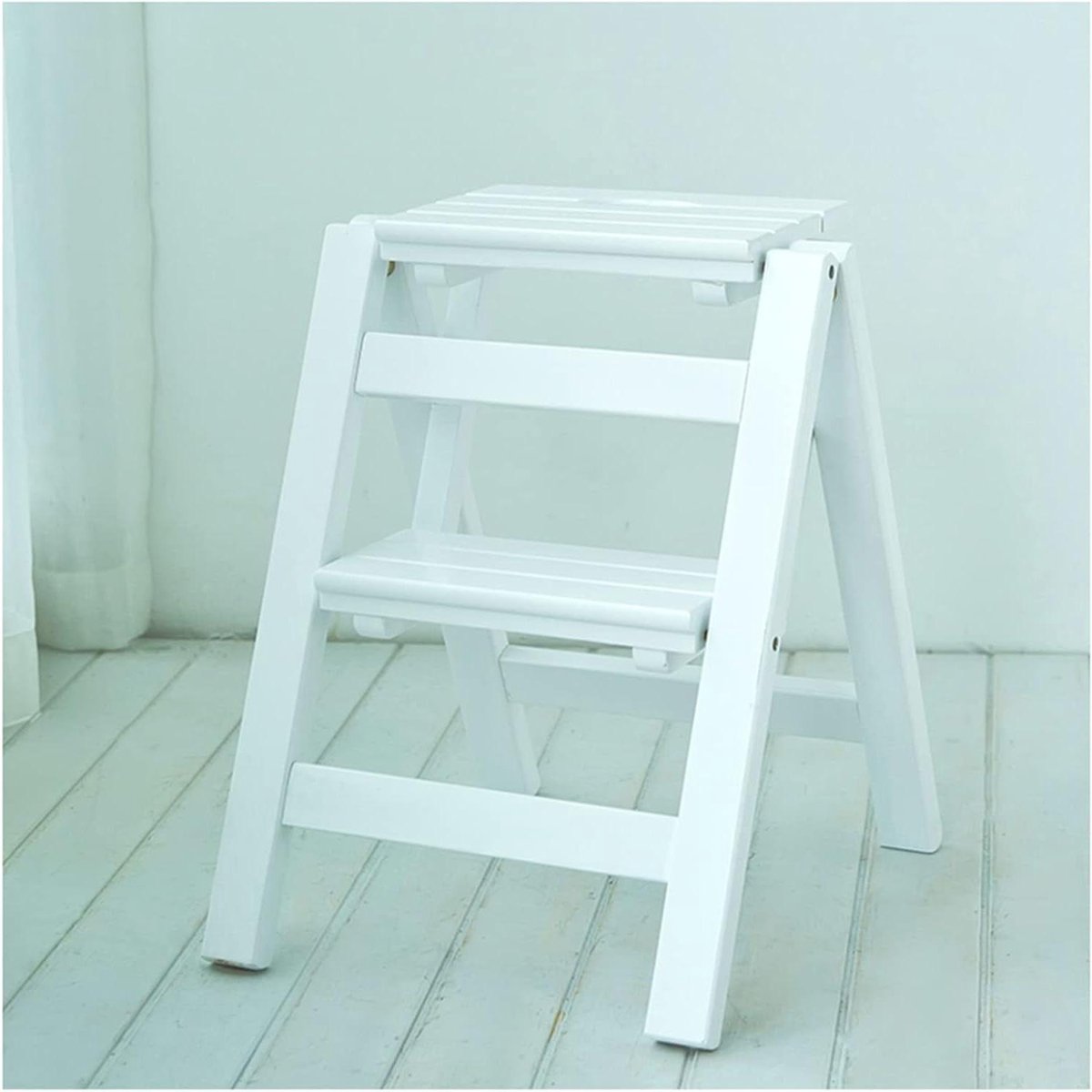 Houten Opstapje - Kleine Ladder - Hoge Planken Bereiken - Opvouwbaar & Stabiel - 330 Pond Capaciteit - Wit