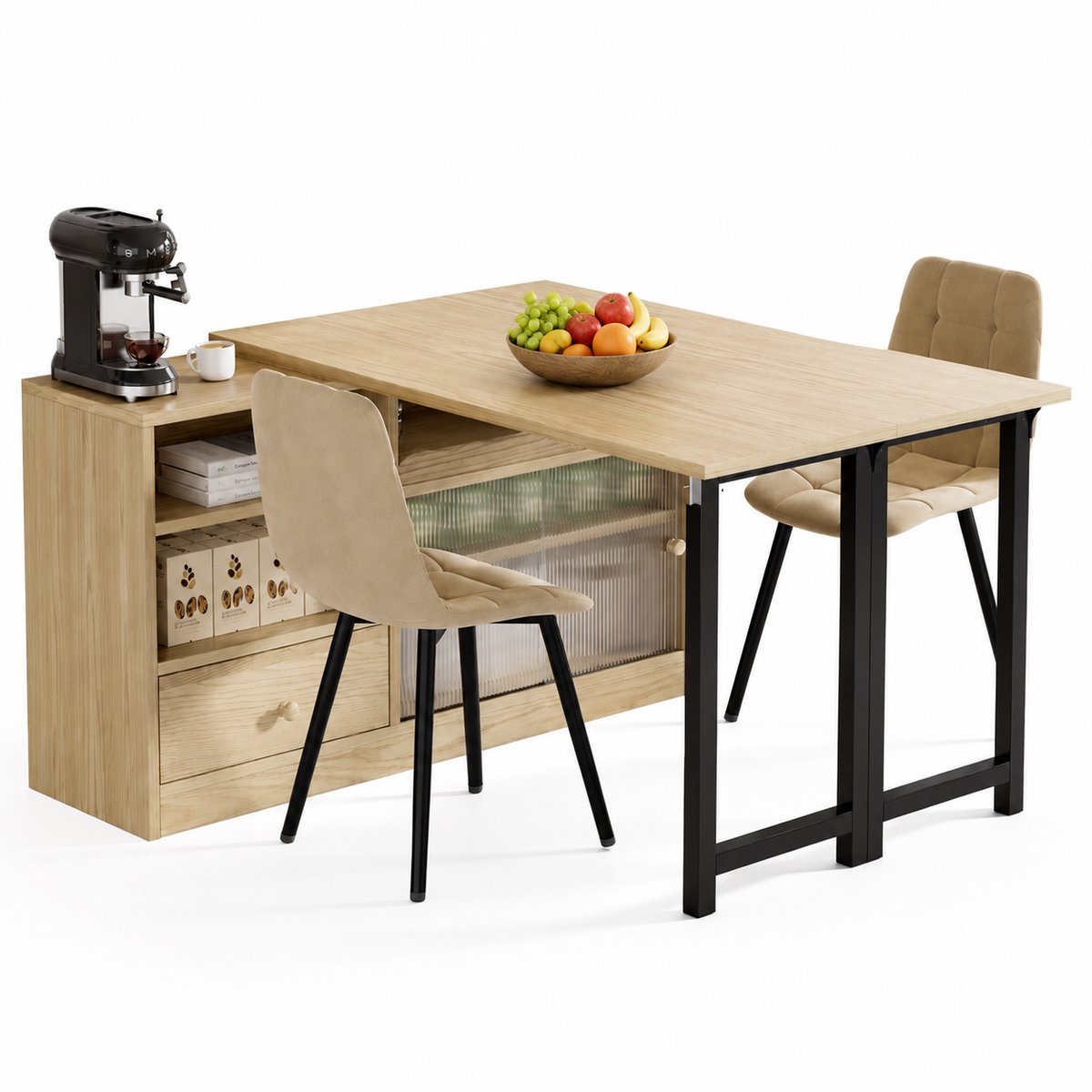 CINK Living® Uitschuifbare Eettafel met Opbergruimte - Opvouwbare Bartafel & Roomdivider - Multifunctionele Keukentafel met Kast - 120 cm - Houtlook