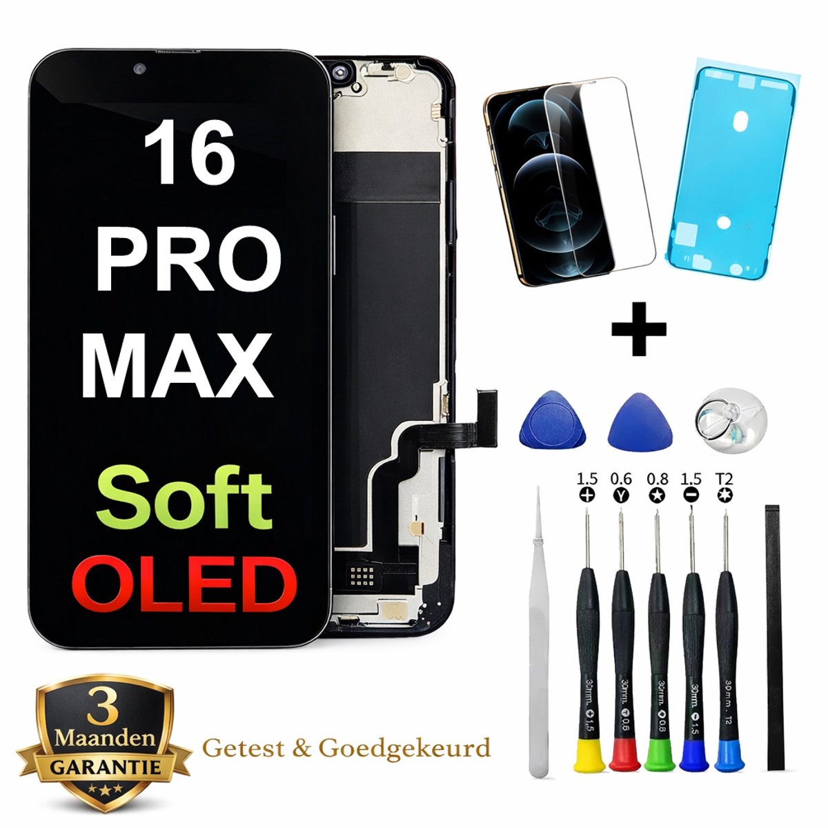 iPhone 16 Pro Max OLED Scherm Vervanging – Premium Soft OLED Display – Inclusief Complete Reparatieset, Gereedschap, Screenprotector en Plakstrip