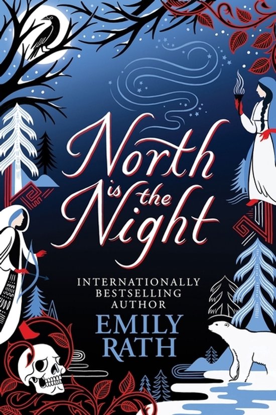 Boekomslag: 'North is the Night' met een poolbeer, een schedel, een schutter, een vrouw en een raaf op een donkerblauwe achtergrond met rode en witte accenten.