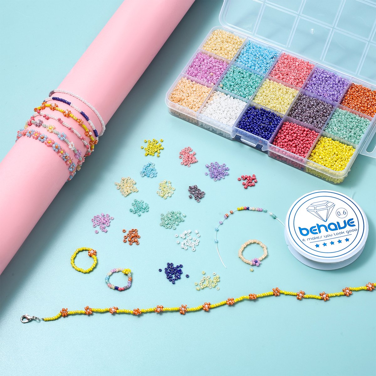 Behave Glaskralen Set 30.000 Stuks — Rocailles 2 mm — 30 Kleuren Pastel & Fel + Rijgdraad — afbeelding 9