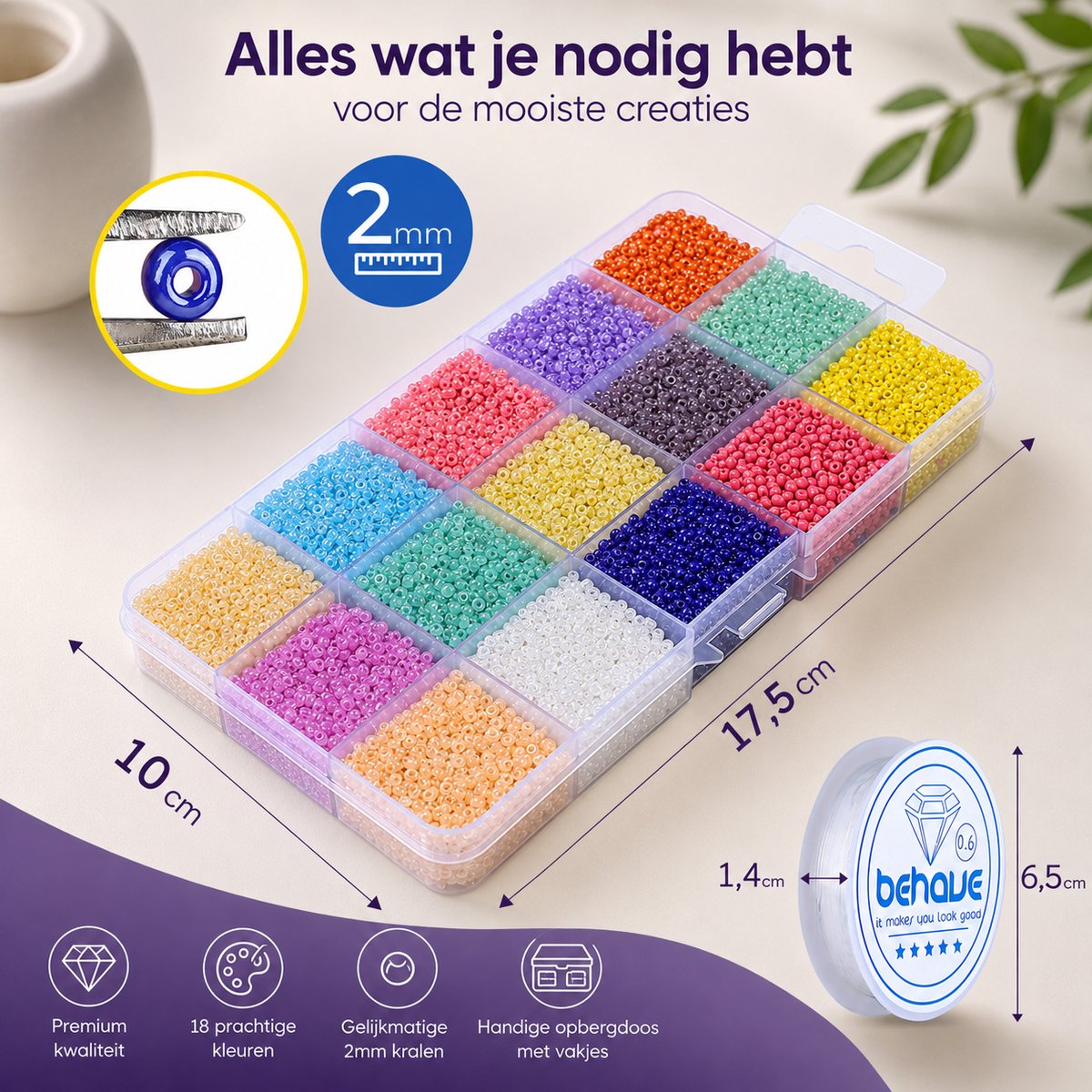 Behave Glaskralen Set 30.000 Stuks — Rocailles 2 mm — 30 Kleuren Pastel & Fel + Rijgdraad — afbeelding 6