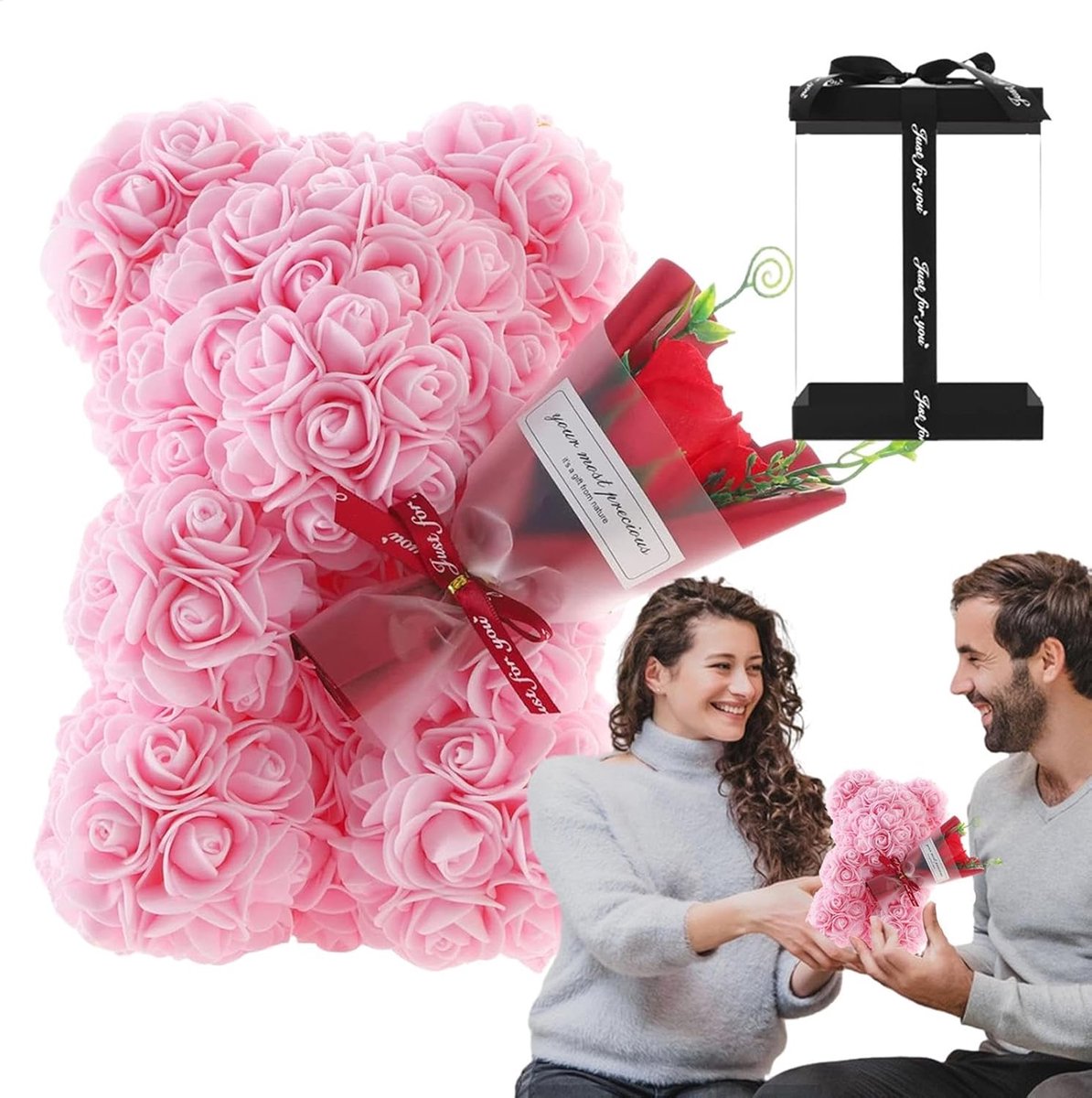Rozenbeer Bloem - Bloemenbeer Decoratie - Romantische Cadeaus - Handgemaakt met Rozen - 24 cm - Lichtroze