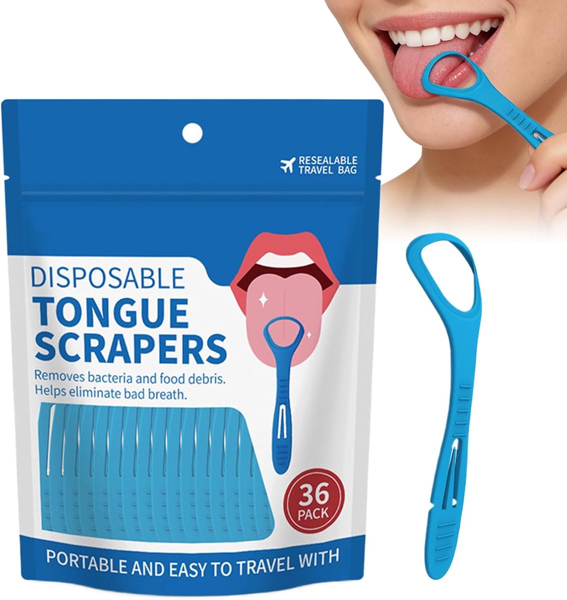 Tongschraper Set - Mondverzorging Hulpmiddel - Frisse Adem - Gebogen Ontwerp - 36 Stuks - Blauw