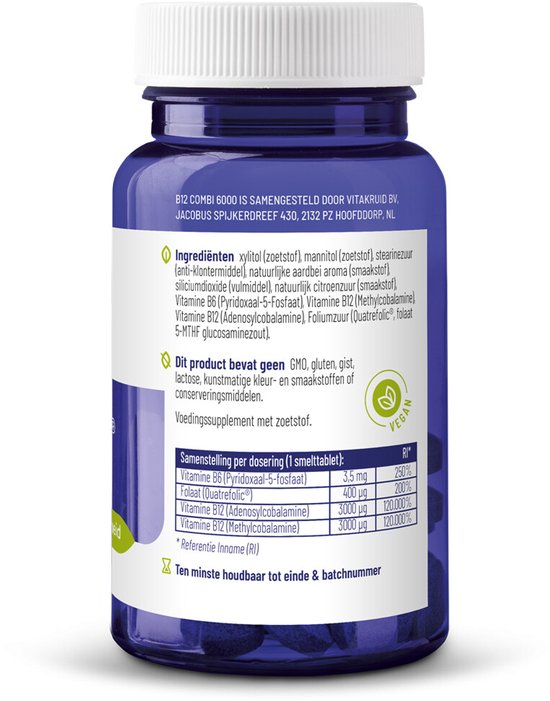 Blauwe pot met witte dop, met Vitakruid B12 Combi 6000 etiket en ingrediëntenlijst. 41g.