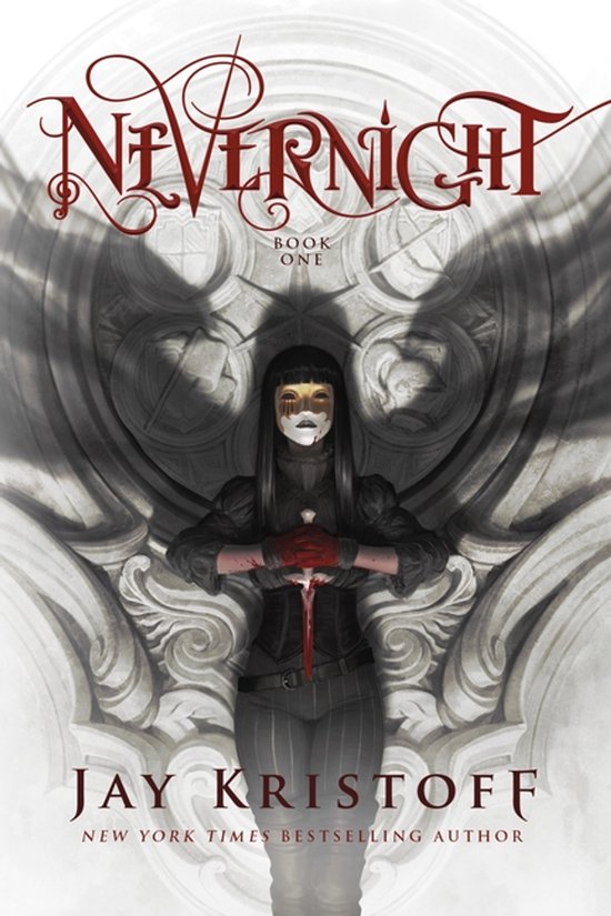 Boekomslag van 'Nevernight' met een vrouw in een masker en handschoenen, een mes met bloed in haar handen. De titel 'NEVERnight' staat in rode sierletters bovenaan.