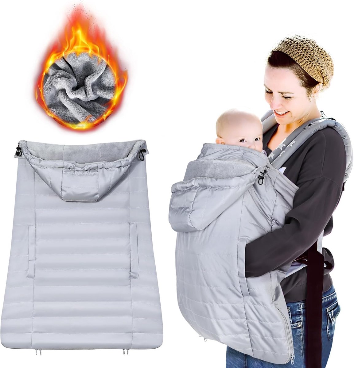 Babydragerhoes - Draagzak cover - Bescherming tegen weer - Afneembare capuchon - 277 x 216 x 72 cm - Lichtgrijs