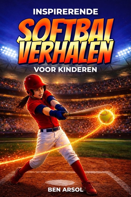 Een jong meisje slaat een softbal in een stadion met veel publiek. De tekst 'Inspirerende softbal verhalen voor kinderen' staat bovenaan.