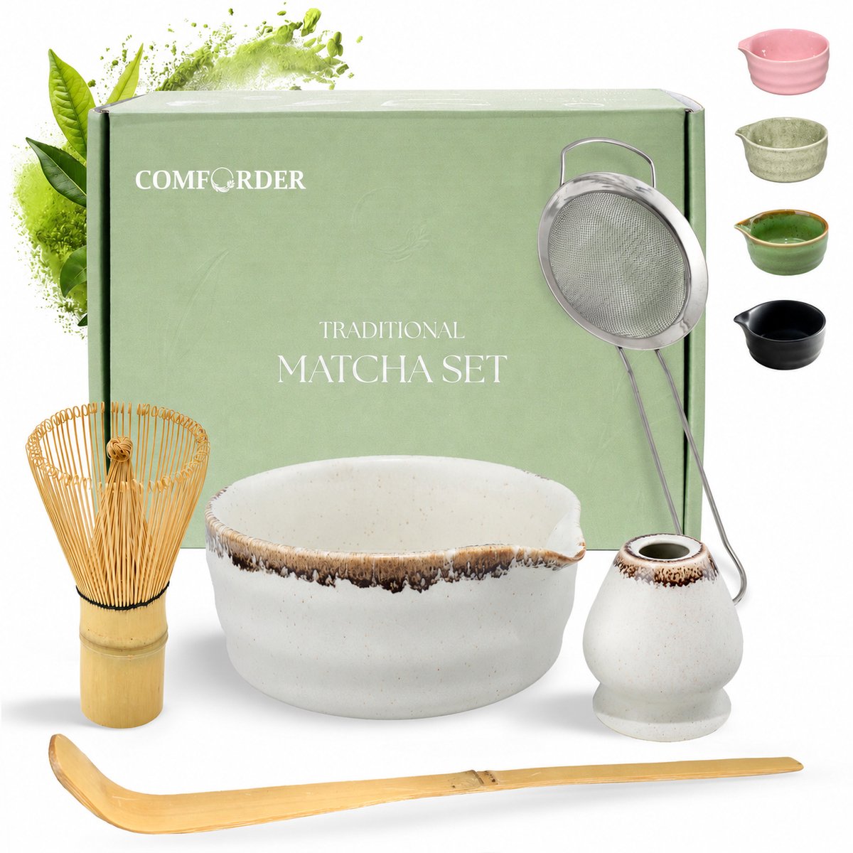Comforder Matcha Set - Starterkit met Whisk Klopper en Kom - Thee Set Beige